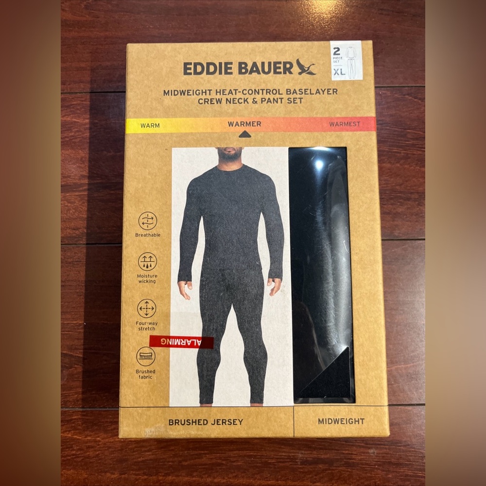 2-Piece Set Eddie Bauer Midweight Base Layer Crew / Pant Set Men XL Black SEALED